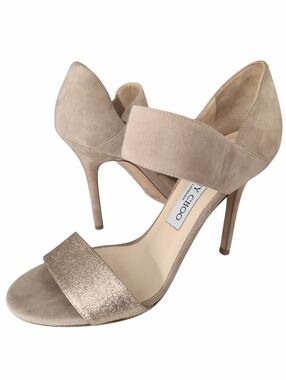 JIMMY CHOO 👠'Tallow' Nude Suede Ankle Sandal Pump Gold Metallic Glitter 38.5